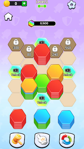 Hexagon Stacking Puzzle board viewed with colorful pieces